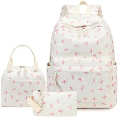 ledaou kids backpack for girls backpacks with lunch box lightweight bookbag set elementary middle school back pack for 8 14 beige bowknot