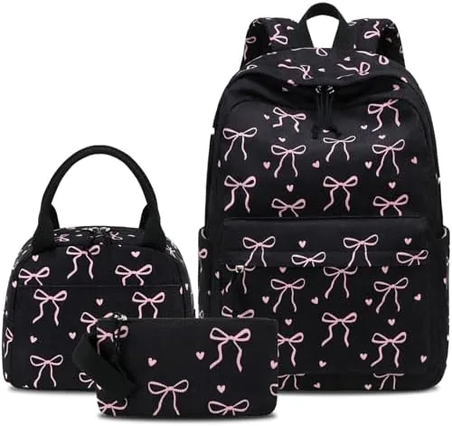 ledaou kids backpack for girls backpacks with lunch box lightweight bookbag set elementary middle school back pack for 8 14 bow tie black