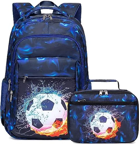 ledaou school backpack teen boys girls kids bookbag elementary middle school bag for 8 14 with lunch bag ball blue football